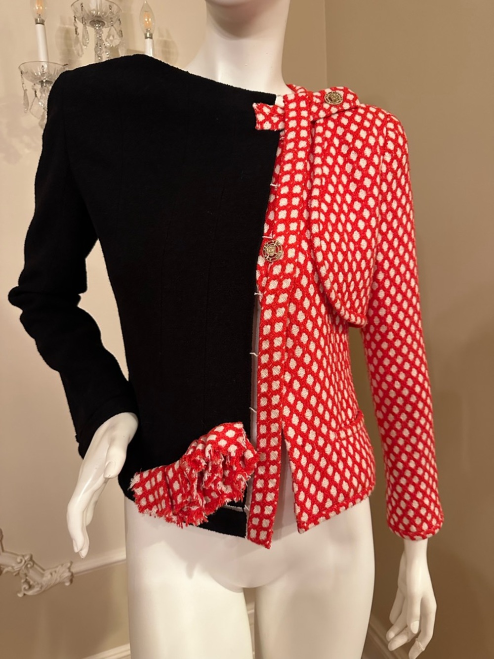 CHANEL Red Patterned and Black Two-Tone Blazer Jacket